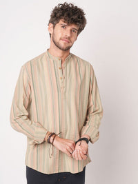 VASTRADO Men Striped Band Collar Straight Cotton Kurta