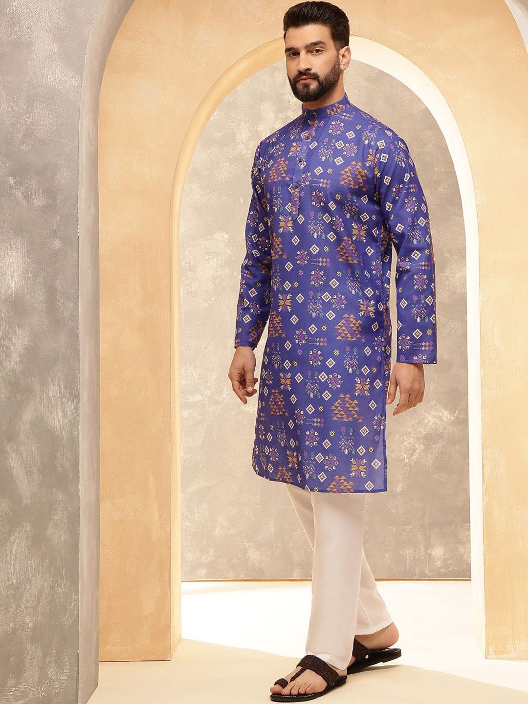 SOJANYA Ethnic Motifs Printed Band Collar Cotton Linen Straight Kurta