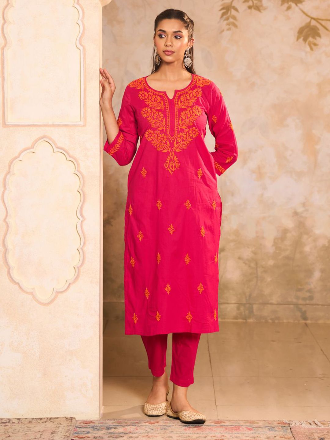 Rumah Wanita Chikankari Magenta Cotton Chikankari Sulam Kurta