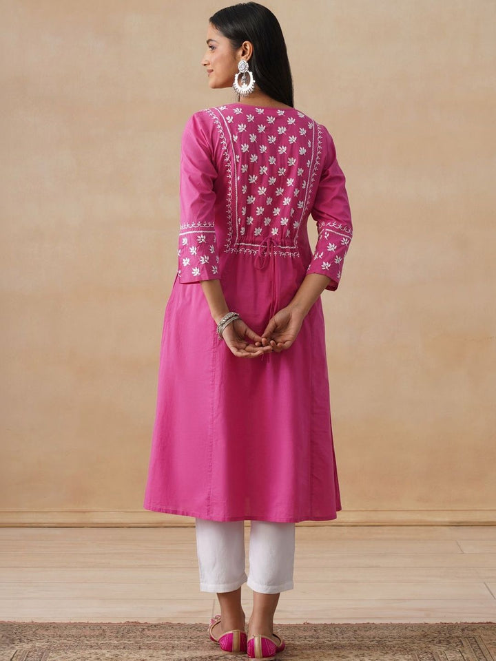House of Chikankari Women Solid Fuchsia Cotton A-Line Kurta