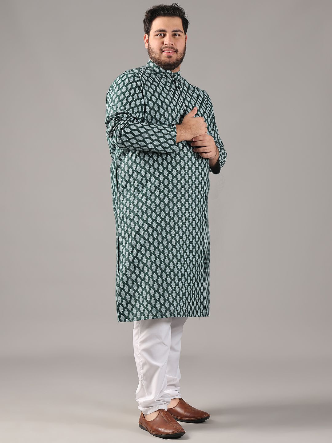 SOJANYA PLUS Plus Size Lelaki Motif Etnik Bercetak Kolar Jalur Kurta Lurus Dengan Piyama