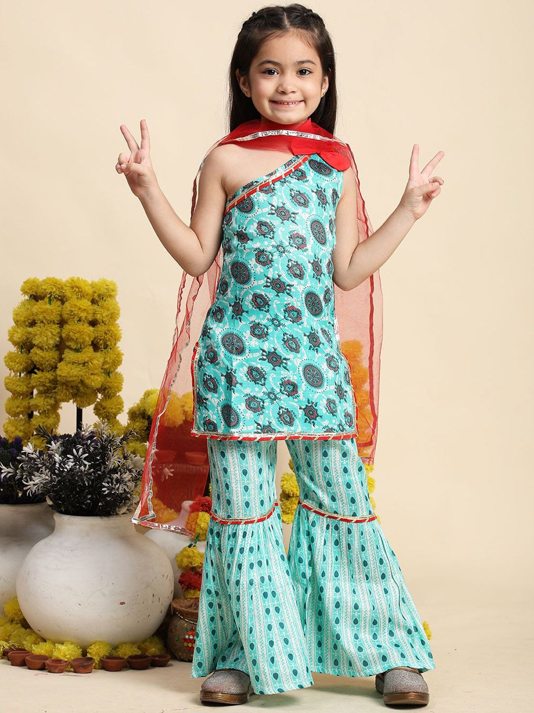 Cutiekins Girls Floral Printed Straight Cotton Kurta With Sharara & Dupatta