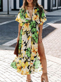 all about you Tropical Print Flared Sleeve Slits Midi Dress
