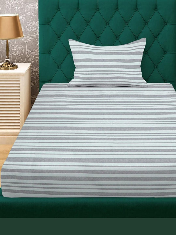 KLOTTHE Grey & Blue Striped 300 TC Fitted Single Bedsheet with 1 Pillow Cover