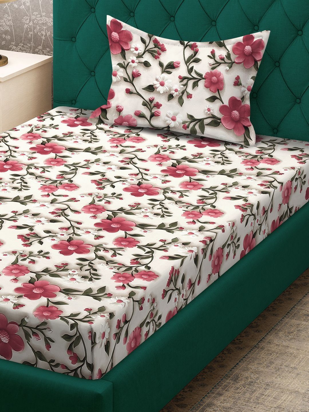 Myntra Elegant Cream-Coloured & Pink Floral 300 TC Single 7D Bedsheet & 1 Pillow Cover