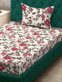 Myntra Elegant Cream-Coloured & Pink Floral 300 TC Single 7D Bedsheet & 1 Pillow Cover