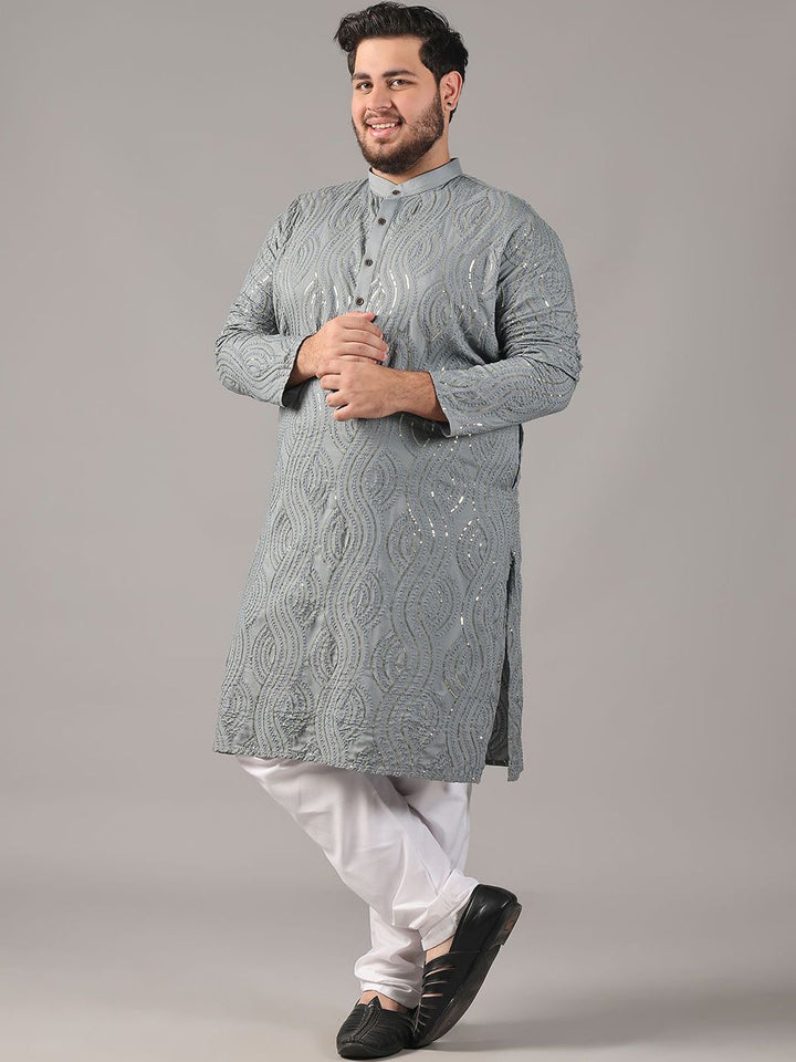 SOJANYA PLUS Size Floral Embroidered Band Collar Sequin Cotton Straight Kurta
