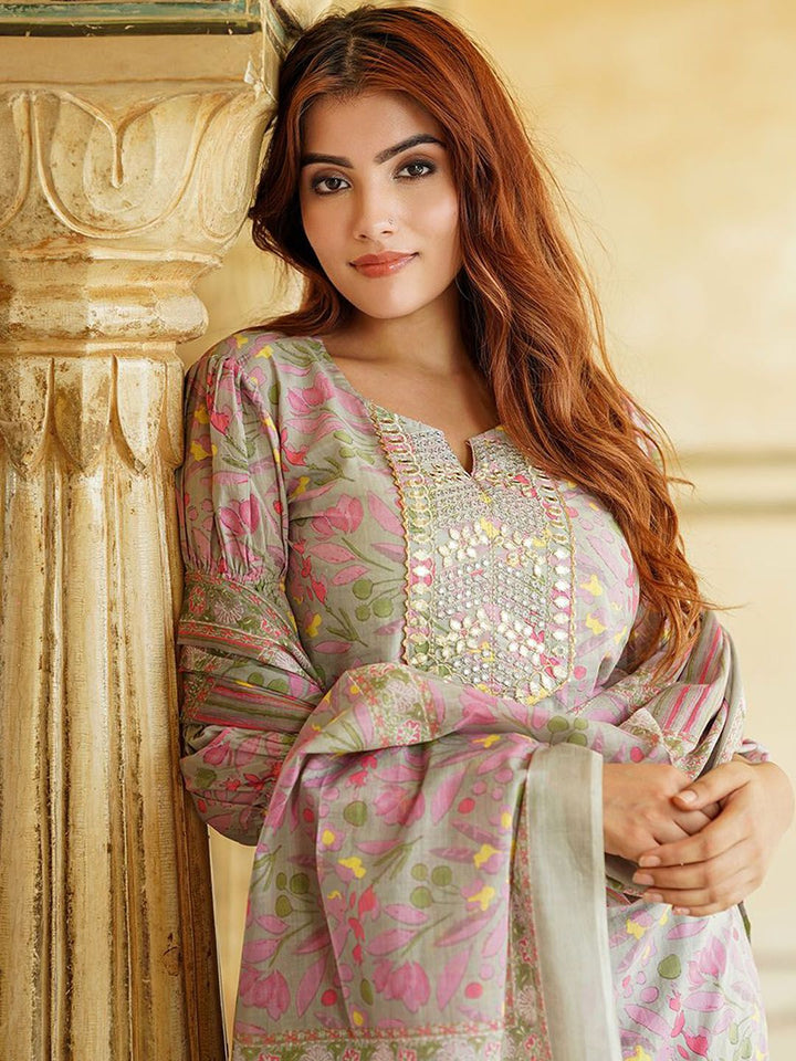 KALINI Floral Printed Thread Work Pure Cotton Straight Kurta With Trousers & Dupatta