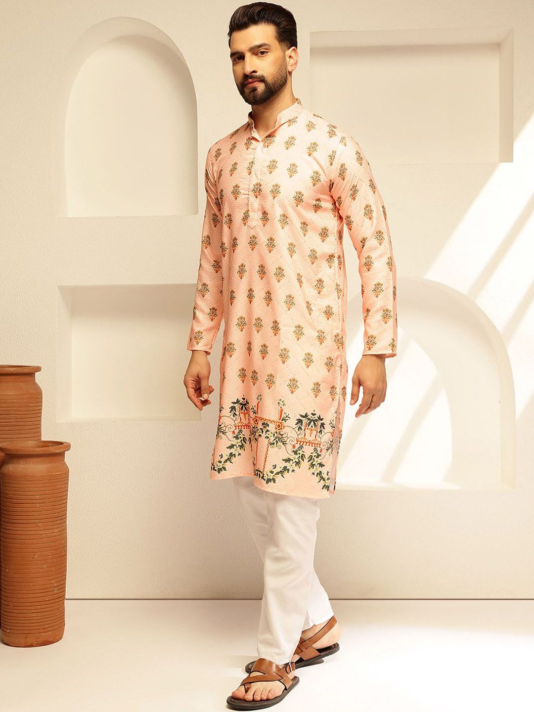 Sojanya Floral Cotton Mandarin Cotton Lurus Kurta Lurus