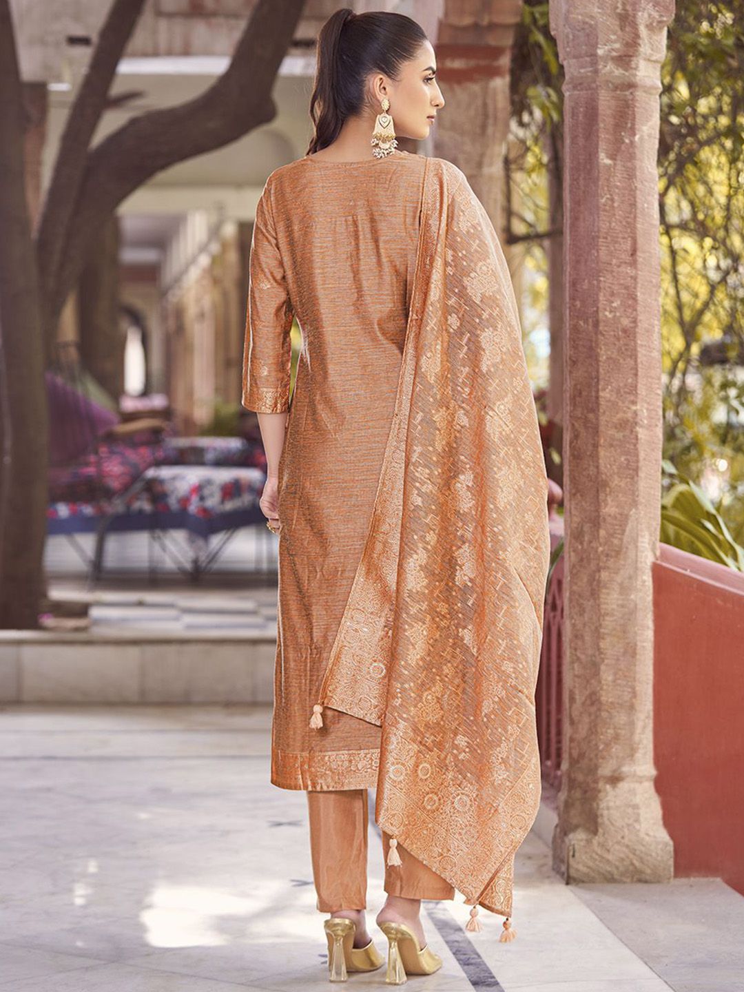 KALINI Women Woven Straight Silk Blend Kurta with Trousers & With Dupatta