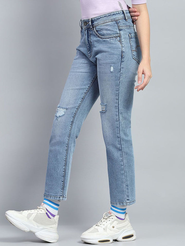 Monte Carlo Women Solid Cotton Mid-Rise Straight Fit Mildly Distressed Heavy Fade Jeans