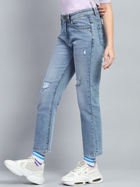 Monte Carlo Women Solid Cotton Mid-Rise Straight Fit Mildly Distressed Heavy Fade Jeans