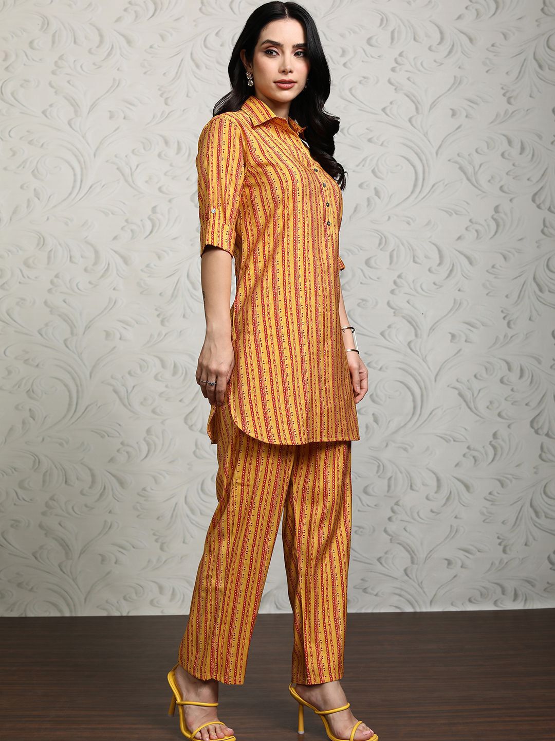 Vishudh Striped Shirt Collar Tunic With Trouser