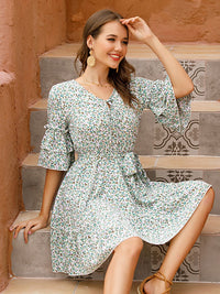DressBerry Floral Print Tie-Up Neck Bell Sleeves Tiered A-Line Dress with Belt