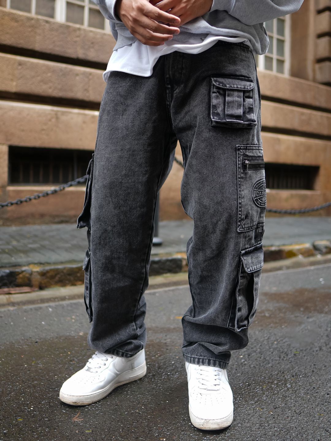 Powerlook Men Loose Baggy Fit Pure Cotton Denim Cargos