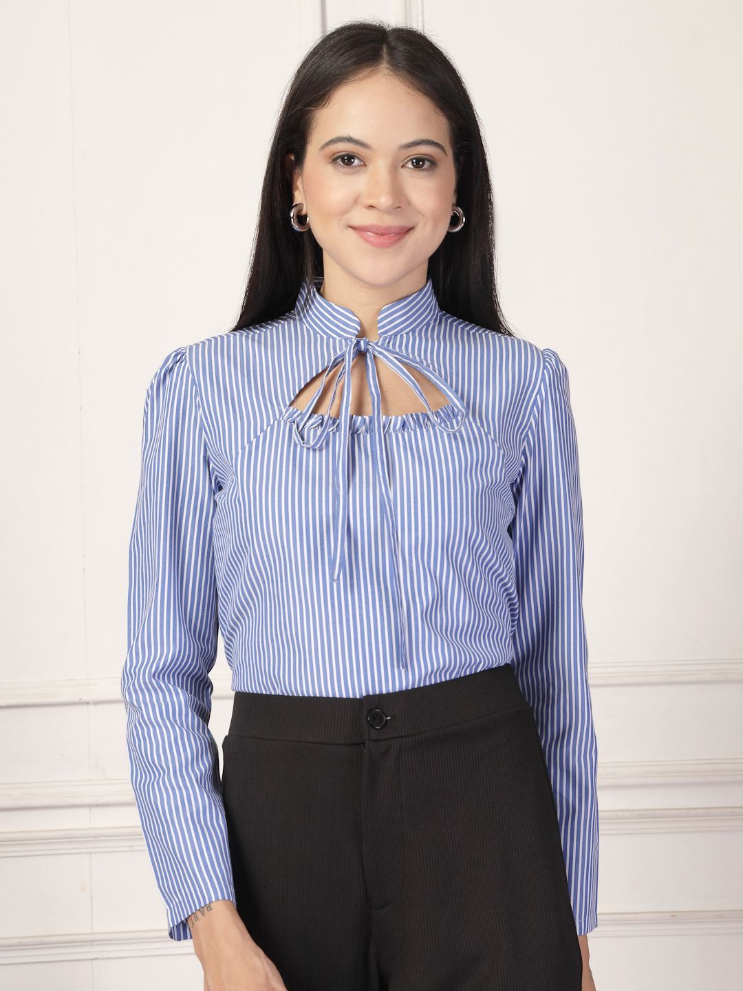 Style Quotient Striped Tie-Up Neck Puff Sleeve Top