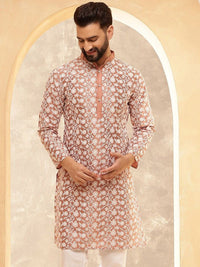 Anouk Peach & White Band Collar Floral Sulam Kurta Lurus