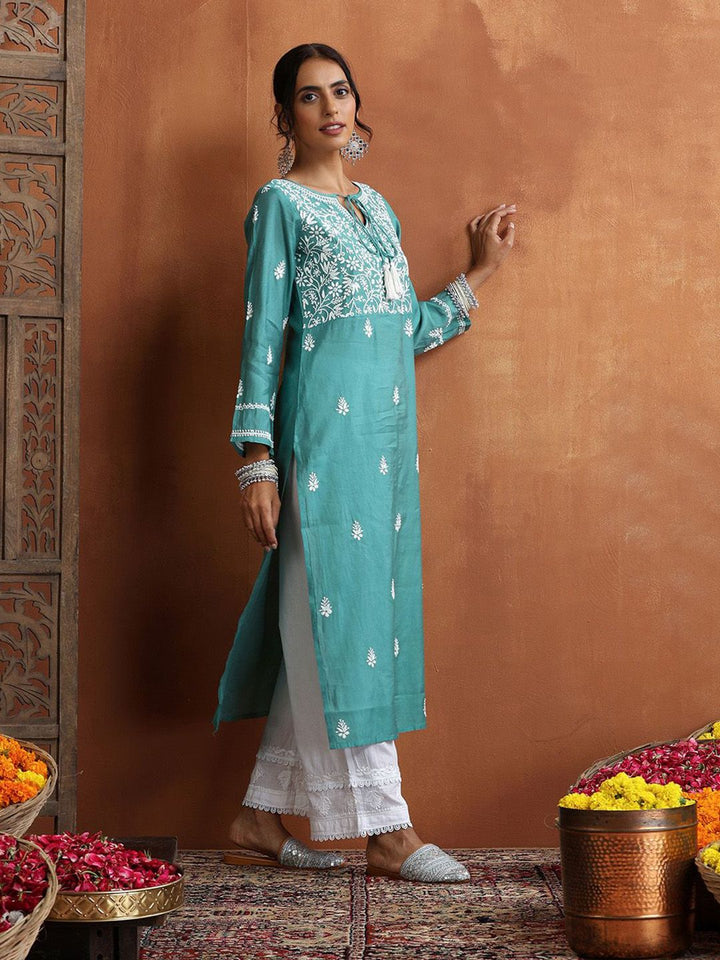 House of Chikankari Women Green Chanderi Chikankari Embroidered Kurta