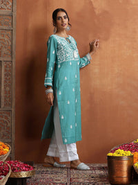 House of Chikankari Women Green Chanderi Chikankari Embroidered Kurta