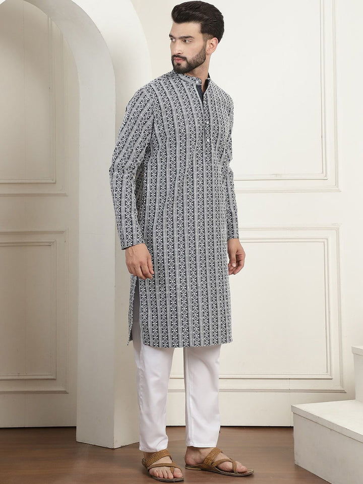 Anouk Charcoal Ethnic Motifs Embroidered Straight Pure Cotton Kurta with Churidar