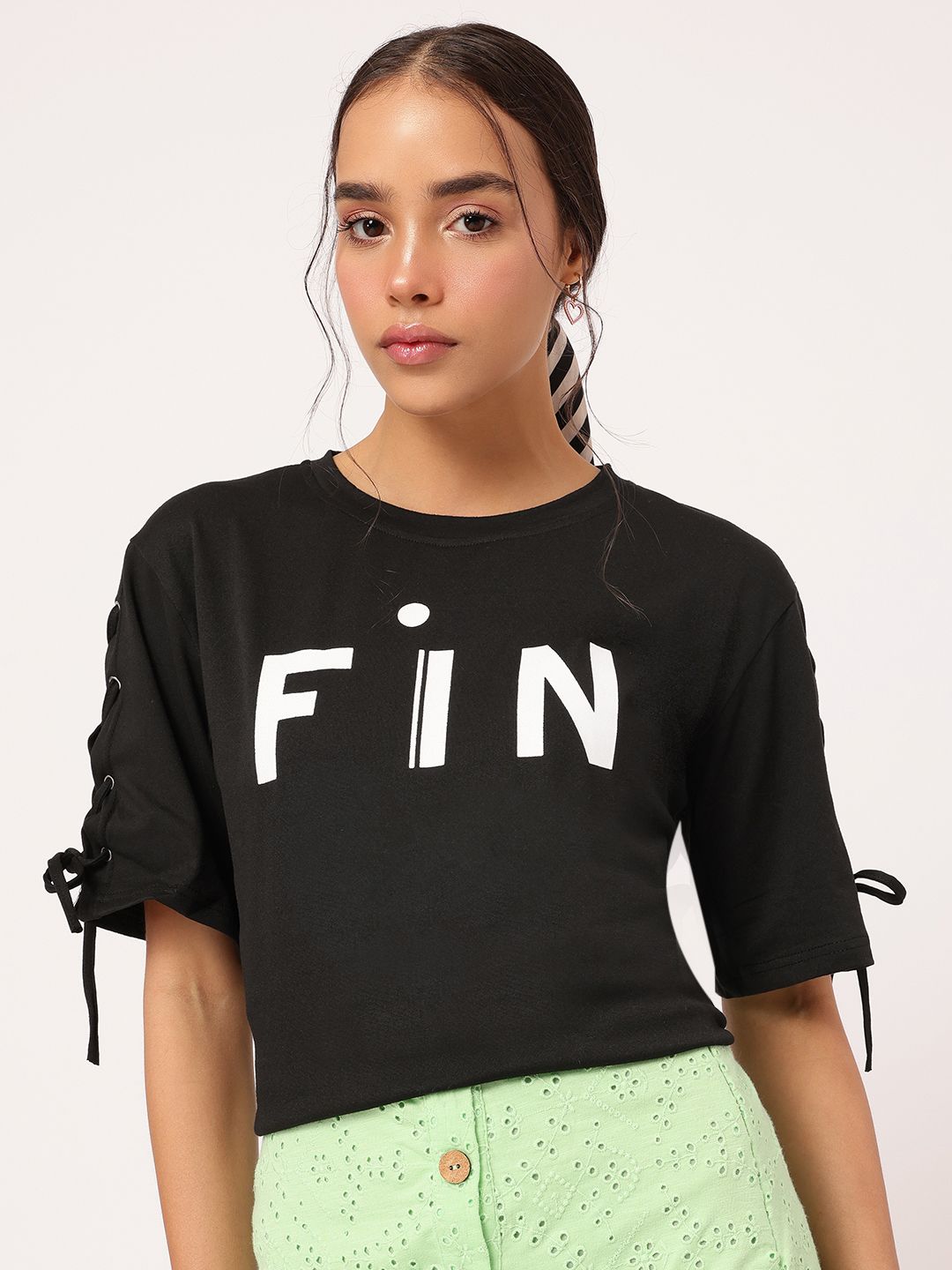 DressBerry Elevated MonoBasic Lace-Up Flared Sleeves Printed Tee