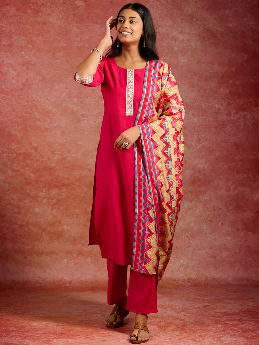 Libas Ethnic Motifs Yoke Design Straight Kurta & Trousers With Dupatta
