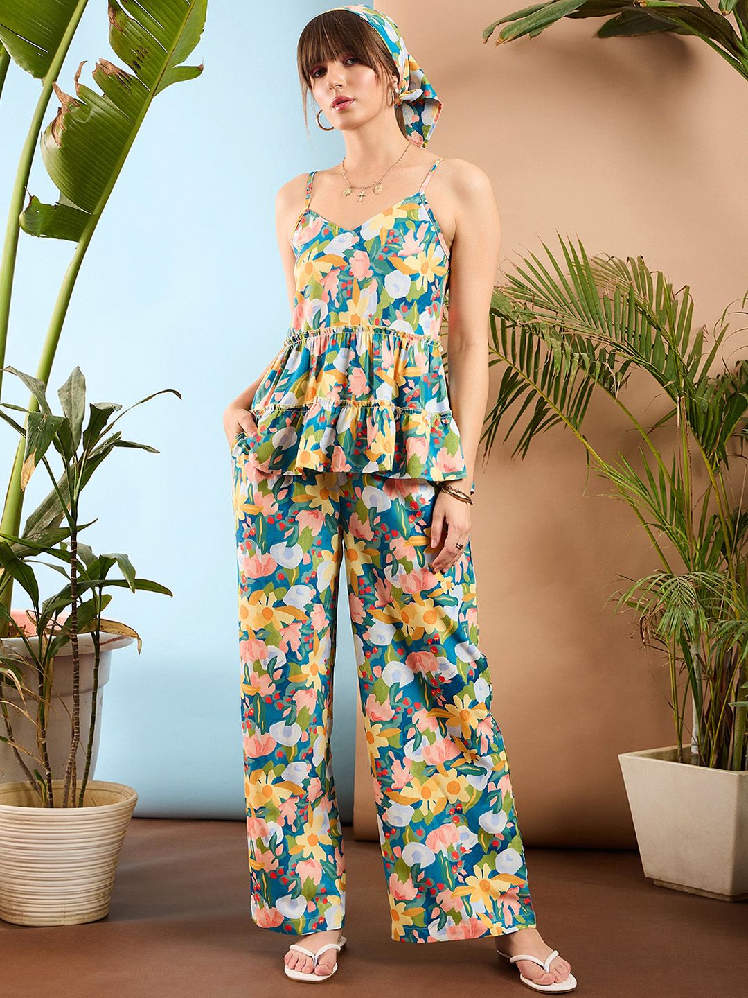 SASSAFRAS Floral Printed V Neck Top & Flared Trousers