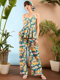 SASSAFRAS Floral Printed V Neck Top & Flared Trousers