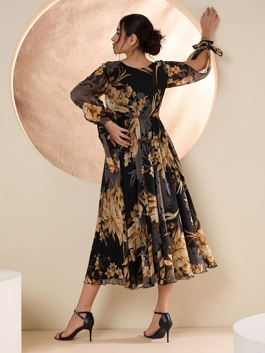 Antheaa Floral Embellished Flared Sleeve Chiffon A-Line Midi Dress