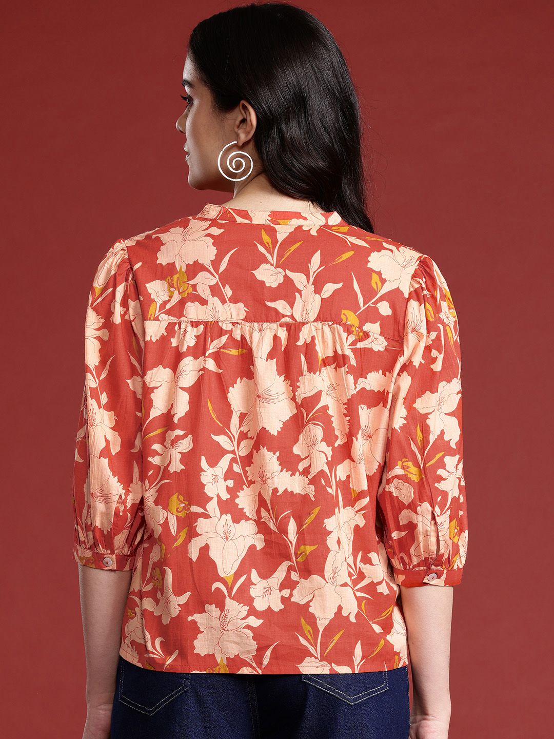 all about you Floral Print Mandarin Collar Puff Sleeves Pure Cotton Shirt Style Top
