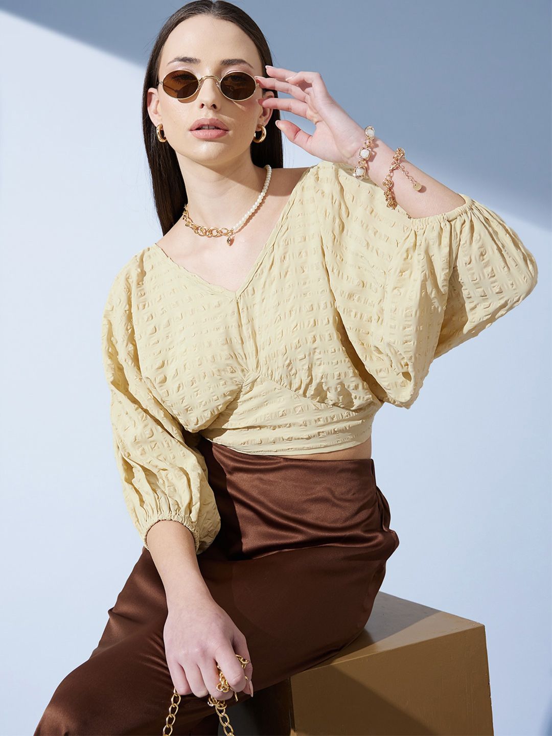 STREET 9 Self Design Puffed Sleeves Jacquard Crop Empire Top