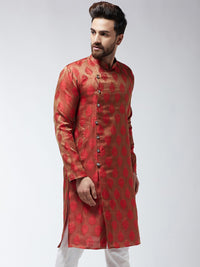 SOJANYA Kurta Lurus Bersulam Merah & Beige Lelaki