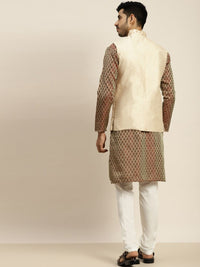 SOJANYA Motif Etnik Rekaan Tenun Kurta Kolar Mandarin Dengan Piyama & Jaket Nehru