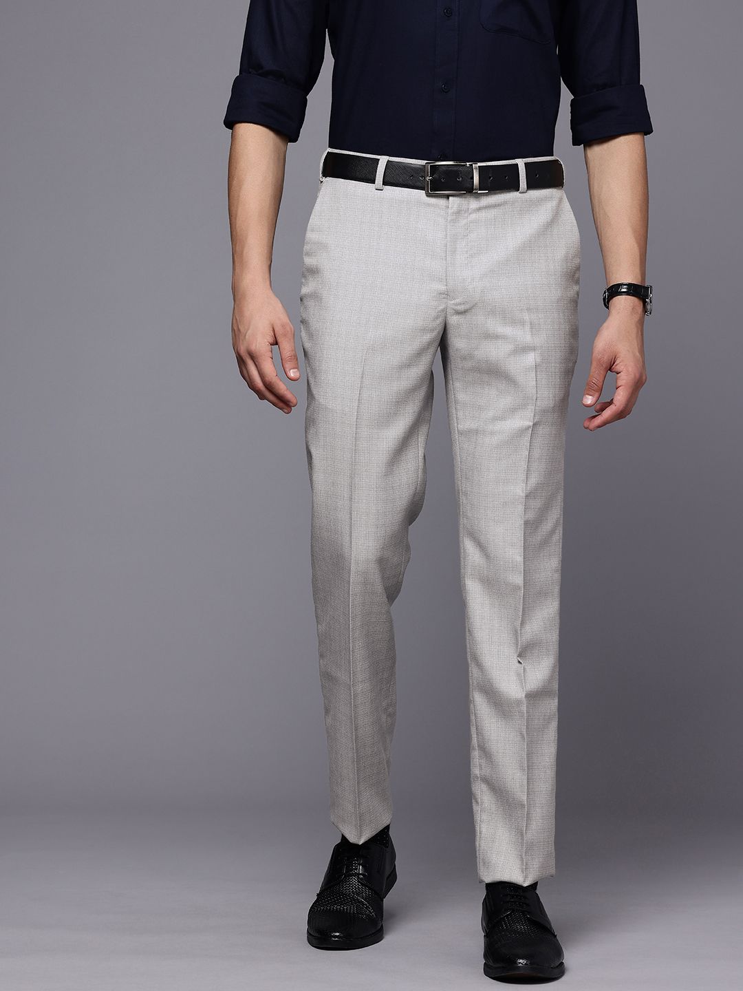 Raymond Men Slim Fit Self-Design Checked Formal Trousers