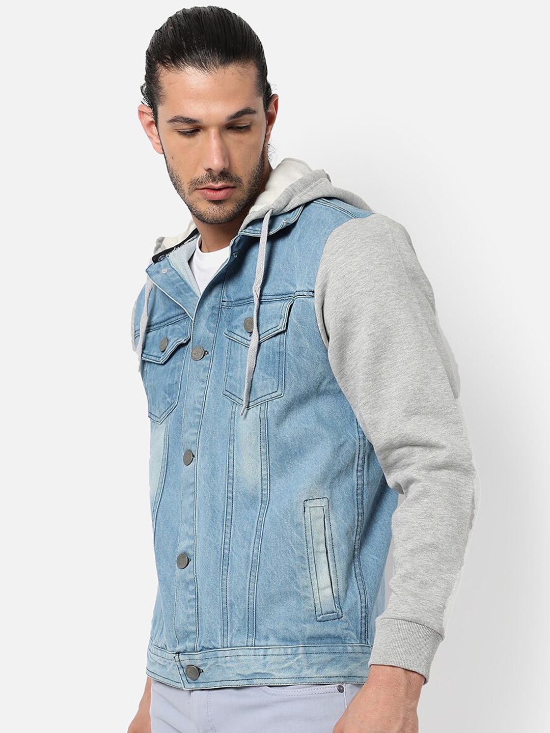 Campus Sutra Men Blue Grey Washed Colourblocked Windcheater Outdoor Denim Jacket