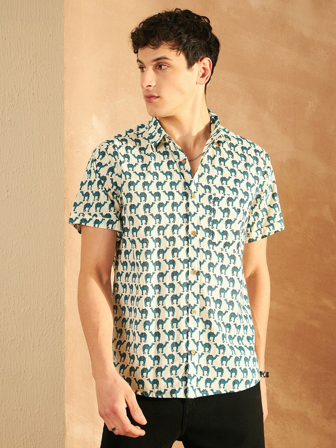 DENNISON Smart Ethnic Motifs Printed Spread Collar Cotton Oversized Lightweight Shirt