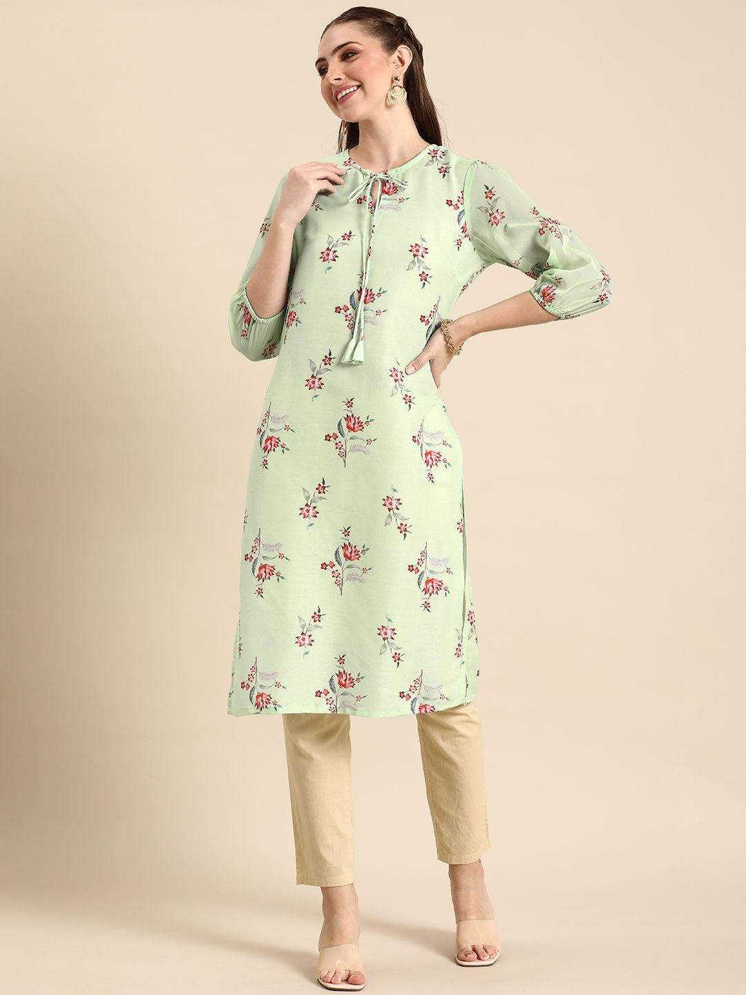 Anouk Floral Printed Tie-up Neck Kurta