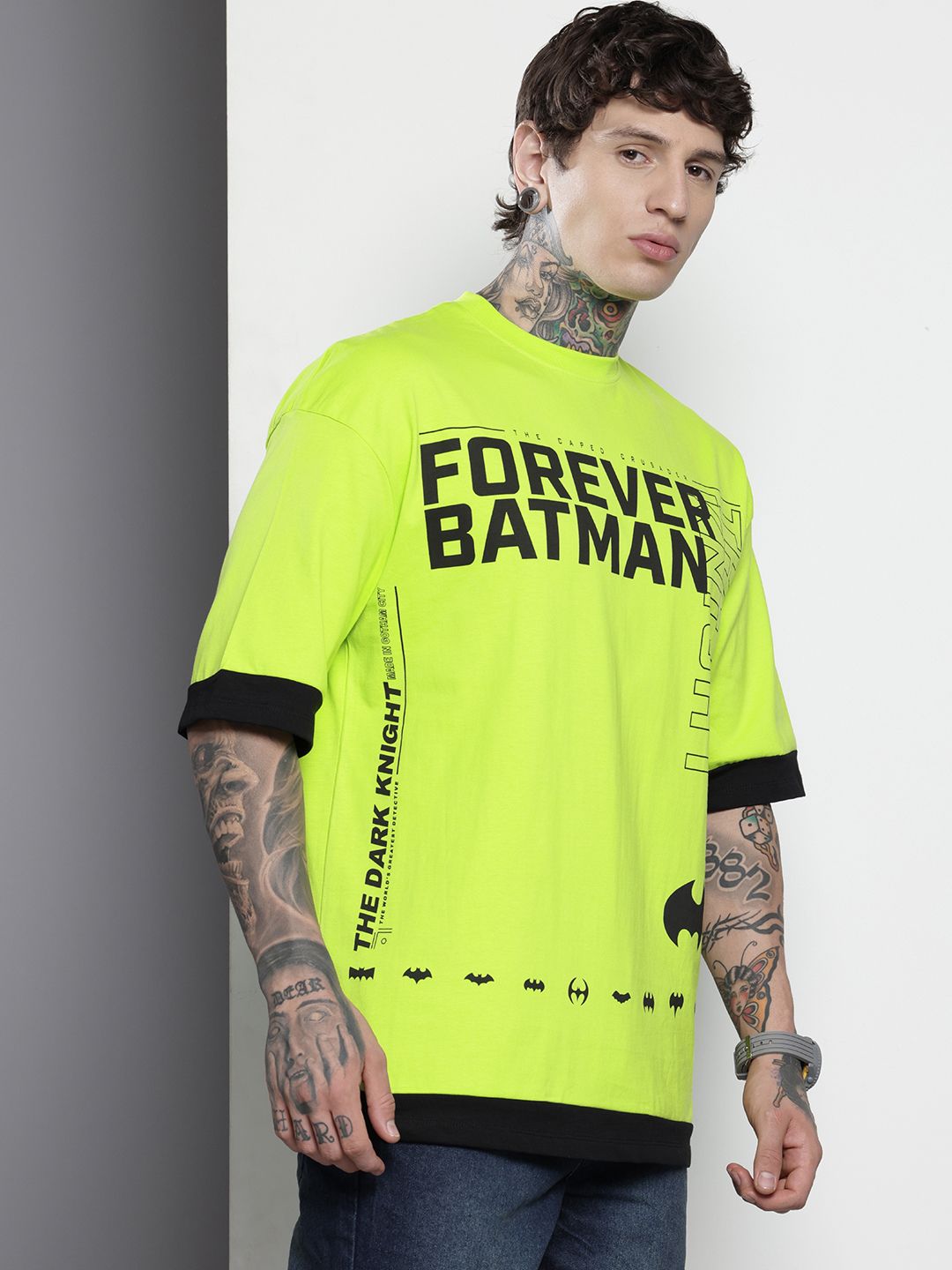 The Indian Garage Co Pure Cotton Batman Printed Drop-Shoulder Sleeves Oversized T-shirt