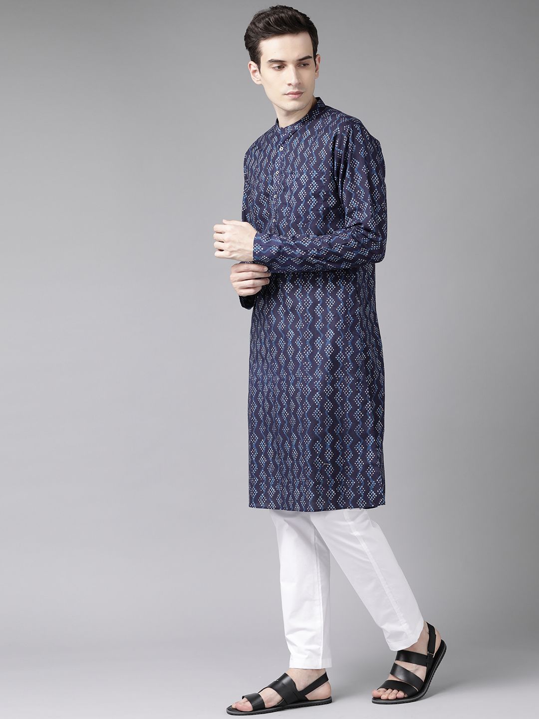 See Designs Men Navy Blue Printed Pure Cotton Kurta with Trousers