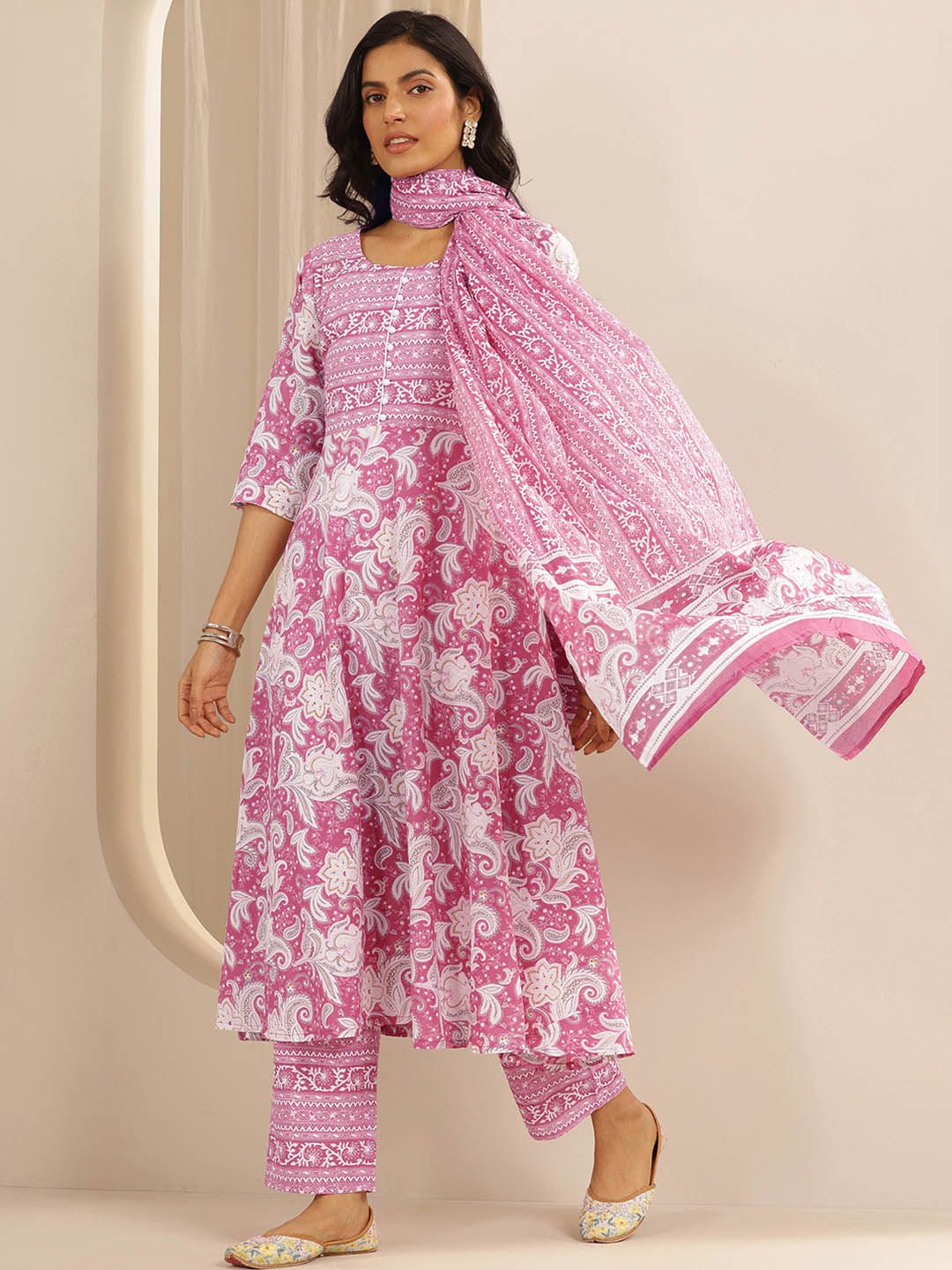 Libas Floral Printed Pure Cotton Anarkali Kurta With Trousers & Dupatta