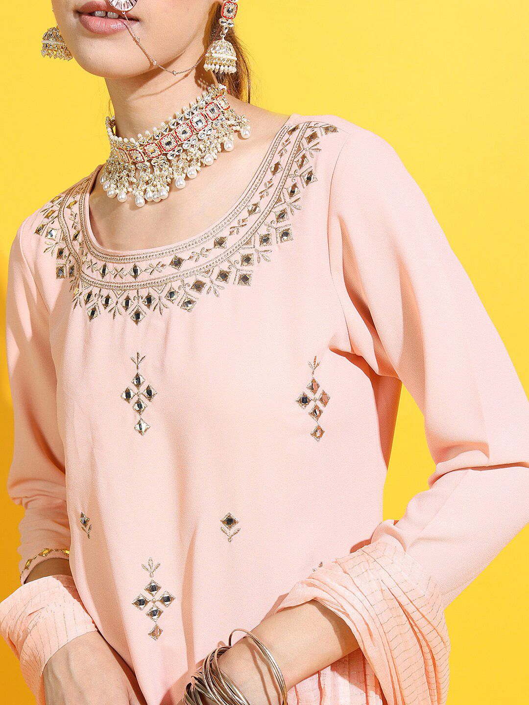Vishudh Women Peach-Coloured Floral Embroidered Mirror Work Kurti with Sharara & With Dupatta