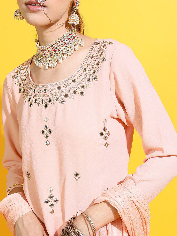 Vishudh Women Peach-Coloured Floral Embroidered Mirror Work Kurti with Sharara & With Dupatta