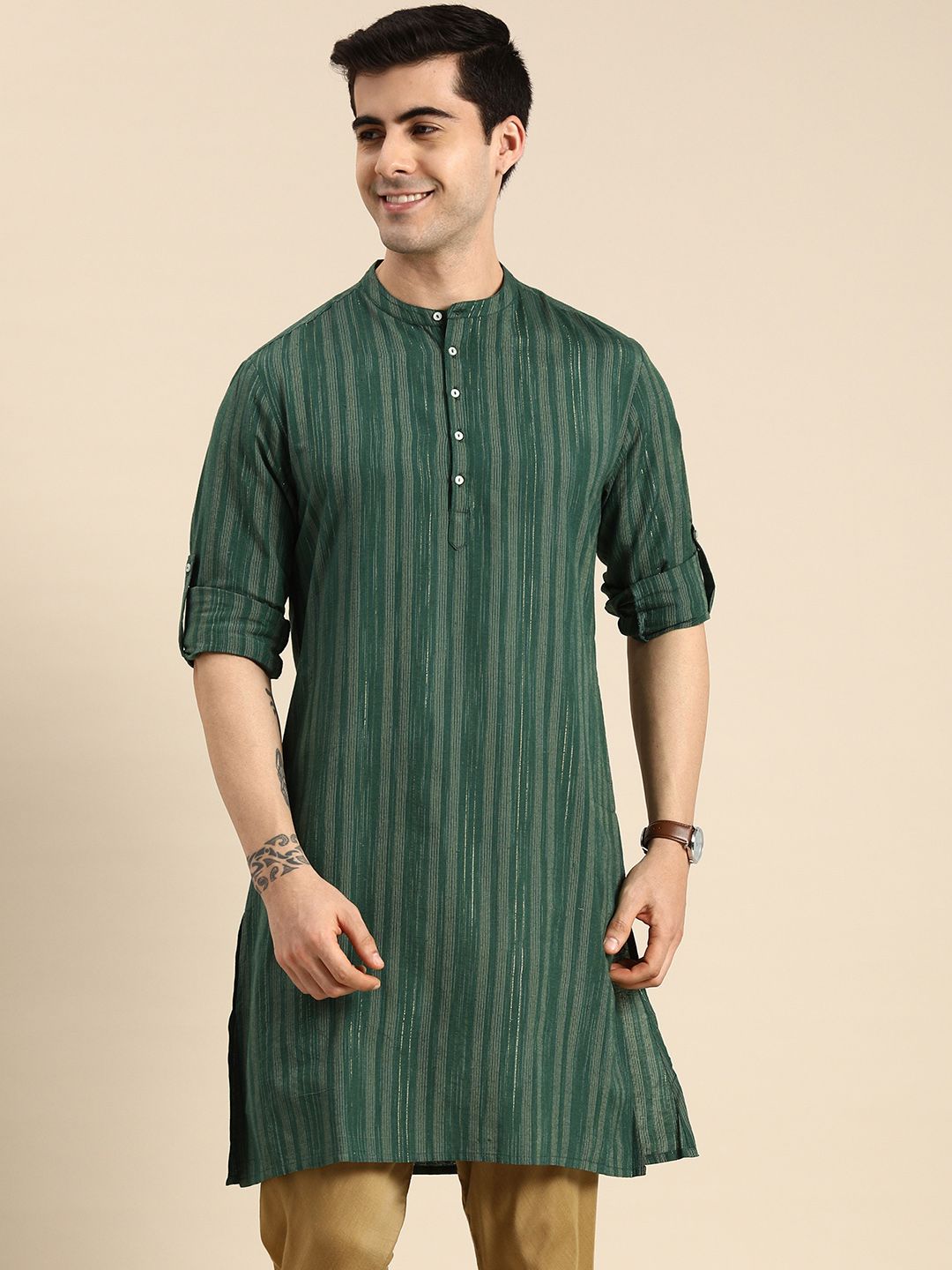 Anouk Men Green & Gold-Toned Striped Mandarin-Collar Kurta