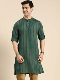 Anouk Men Green & Gold-Toned Striped Mandarin-Collar Kurta