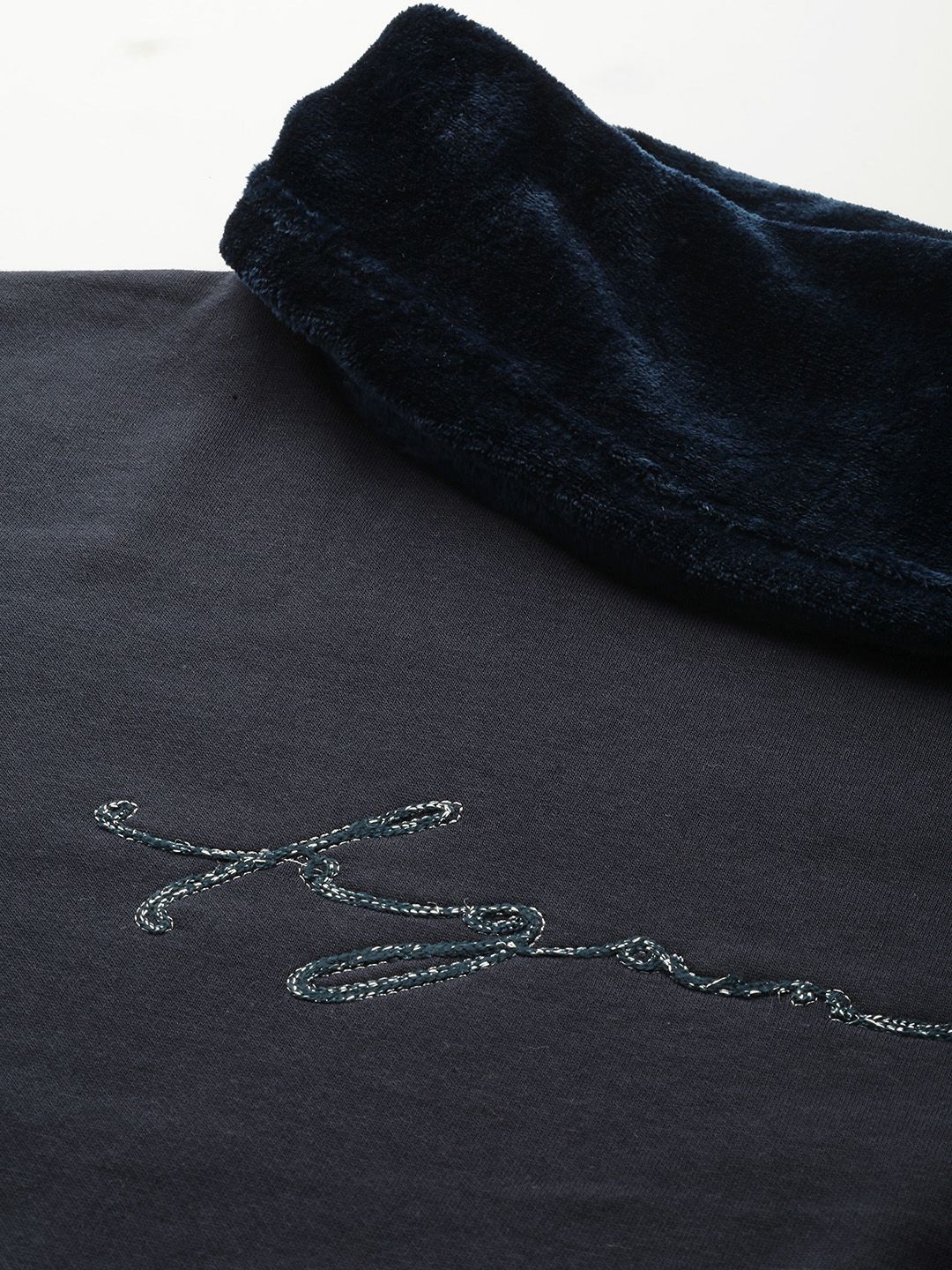 Sweet Dreams Navy Blue Solid Faux Fur Cowl Neck Nightdress