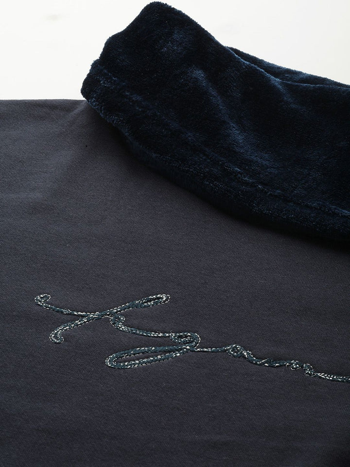 Sweet Dreams Navy Blue Solid Faux Fur Cowl Neck Nightdress