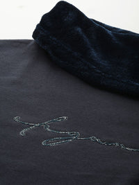 Sweet Dreams Navy Blue Solid Faux Fur Cowl Neck Nightdress
