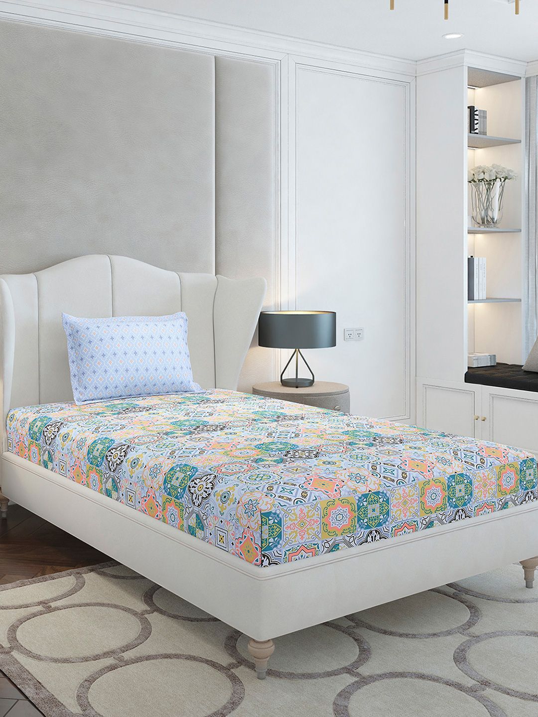 Monte Carlo White & Blue Ethnic Motifs Printed 144 TC Single Bedsheet Set 2.29 m x 1.52 m
