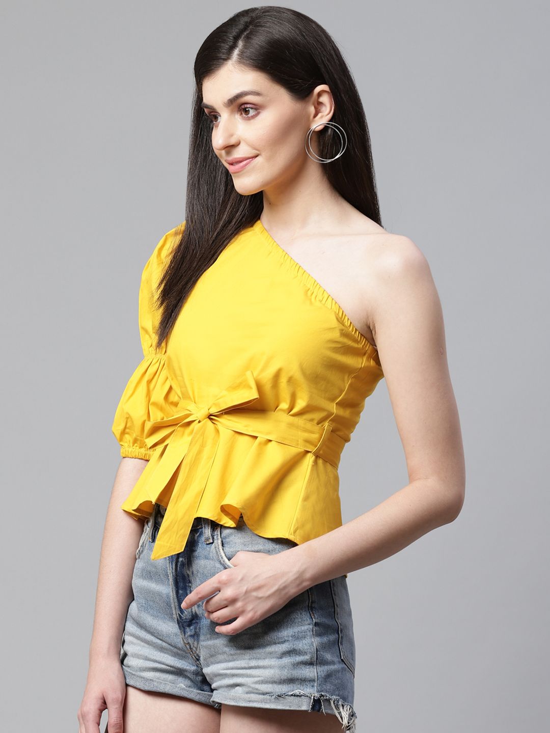 STREET 9 Yellow One Shoulder Cinched Waist Pure Cotton Top