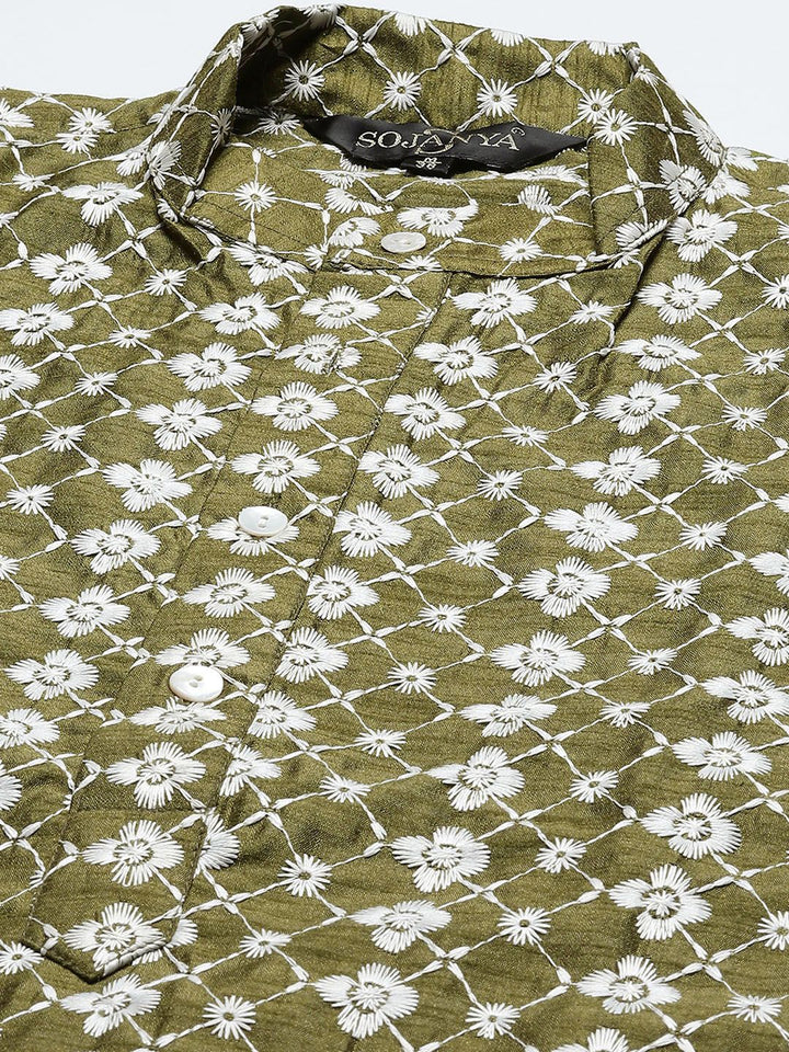 SOJANYA Men Olive Green & White Ethnic Motifs Embroidered Kurta